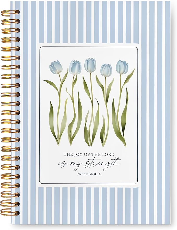 VIIJJUE Blue Tulip Floral Christian Notebook Journal, Tulip Floral Christian Gifts, Blue Notebook Office Supplies, Nehemiah 8:18 Bible Verses Scripture Religious Hardcover Spiral Journal 5.5x8.3 Inch