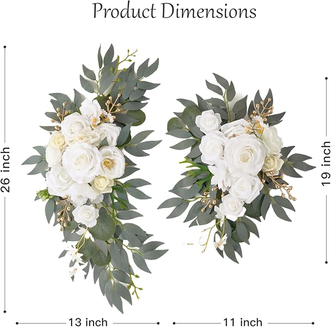 Wedding Arch Flowers, 2 Pack Floral Swag for Wedding Welcome Sign Decorations, Artificial White Roses Greenery Garland for Ceremony and Reception Backdrop Decor