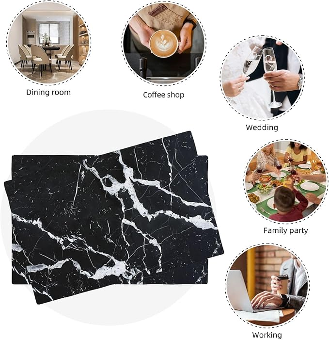 Black Marble Placemats Set of 6, Abstract Place Mats Washable Double-Sided Table Mats for Kitchen Dining Room Home Party Indoor Decor 6 PCS 12x18 Inch