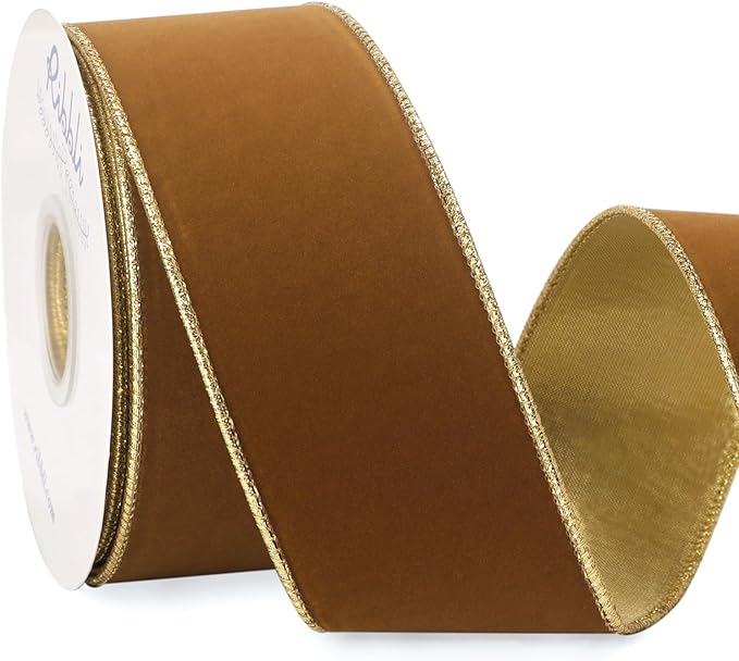 Ribbli Khaki Velvet Wired Ribbon 2.5 Inch Luxury Matte Velvet Christmas Ribbon for Gift Wrapping Christmas Tree Decoration Crafts Wreaths Supplies - 10 Yards