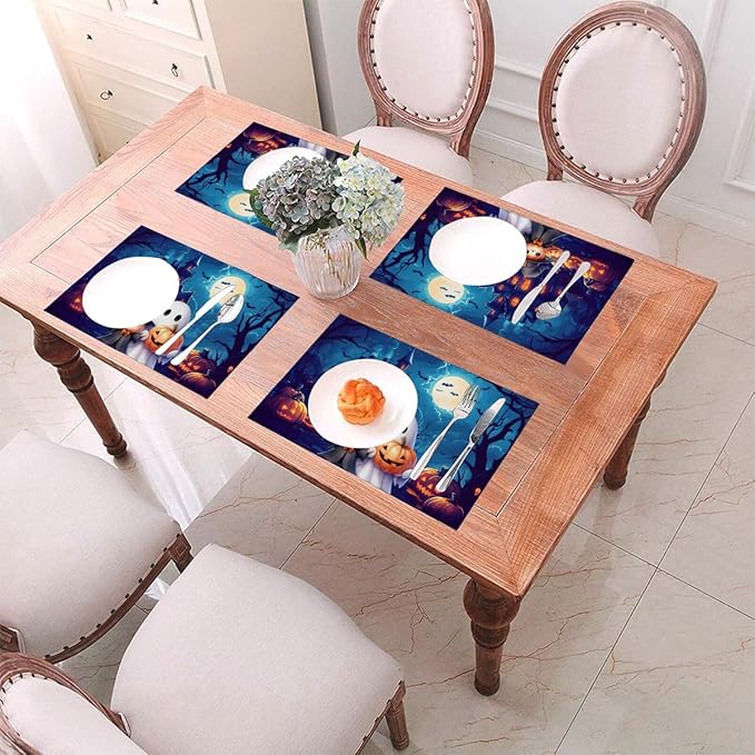 PVC Placemats Set of 1 Wipeable Table Mats Washable Heat Resistant Non Slip Vinyl Dining Table Mat for Kitchen Indoor Outdoor Patio Farmhouse Place Mats Halloween Castle Pumpkin Ghosts Decorative