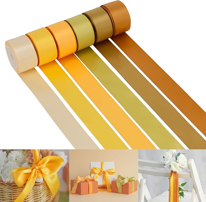 HUIHUANG Gold Ribbon for Gift Wrapping, 1" Assorted Satin Ribbon for Flower Bouquet, Crafts, Bows Making, Holiday Home Decor - 6 Rolls