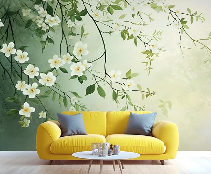 Spring Blossom Floral Wall Mural, Minimalist White Floral 3D Wall Murals, Elegant Botanical Wallpaper Mural, for Living Room Bedroom Large Wallpaper Indoor Decor 59" W x39.4 H