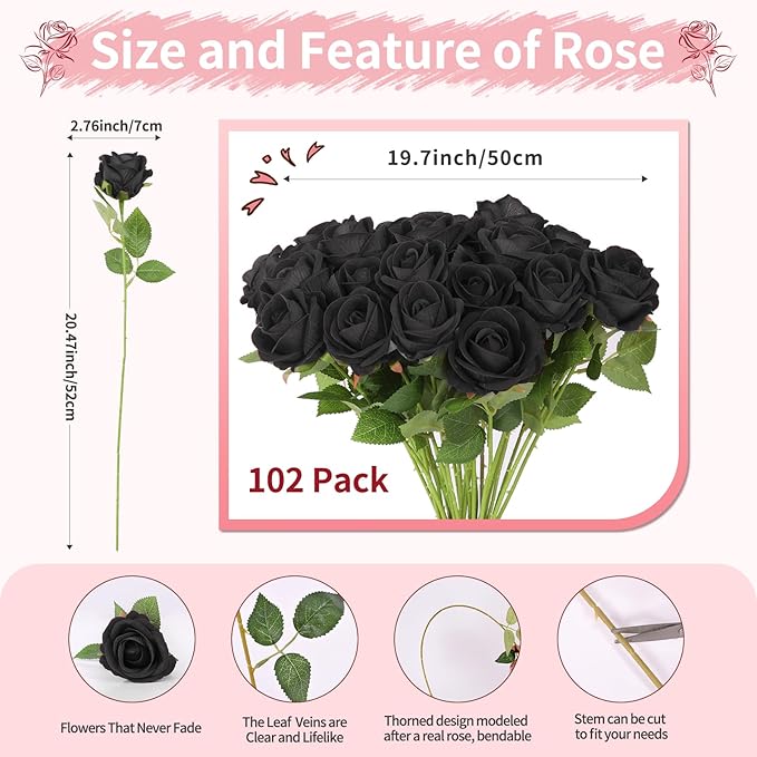 102 PCS Black Roses Artificial Flowers, Fake Roses Bouquet, Artificial Black Rose with Stems for Wedding Flowers Decoration, Valentines Day Mothers Day, Bridal Bouquet Rose