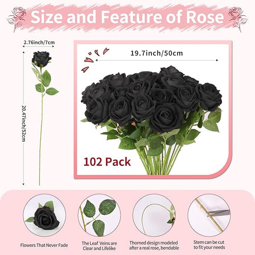 102 PCS Black Roses Artificial Flowers, Fake Roses Bouquet, Artificial Black Rose with Stems for Wedding Flowers Decoration, Valentines Day Mothers Day, Bridal Bouquet Rose