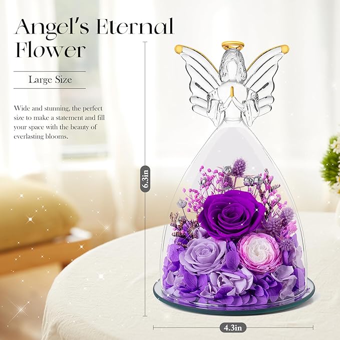 RoseValley Angel Roses Gifts for Mom,Preserved Real Flowers Roses in Glass Angel Figurines,Christmas Birthday Gifts for Grandma Women Mom Wife Mother in Law/Purple