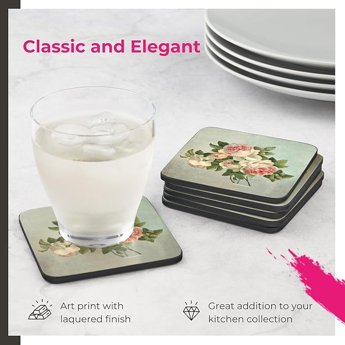 Pimpernel Vintage Collection Decorative Coasters, Set of 4 – 4" Square, 5mm Cork-Backed Drink Mats with Lacquer Finish, Heat & Stain Resistant Table Accents for Dining & Furniture Protection