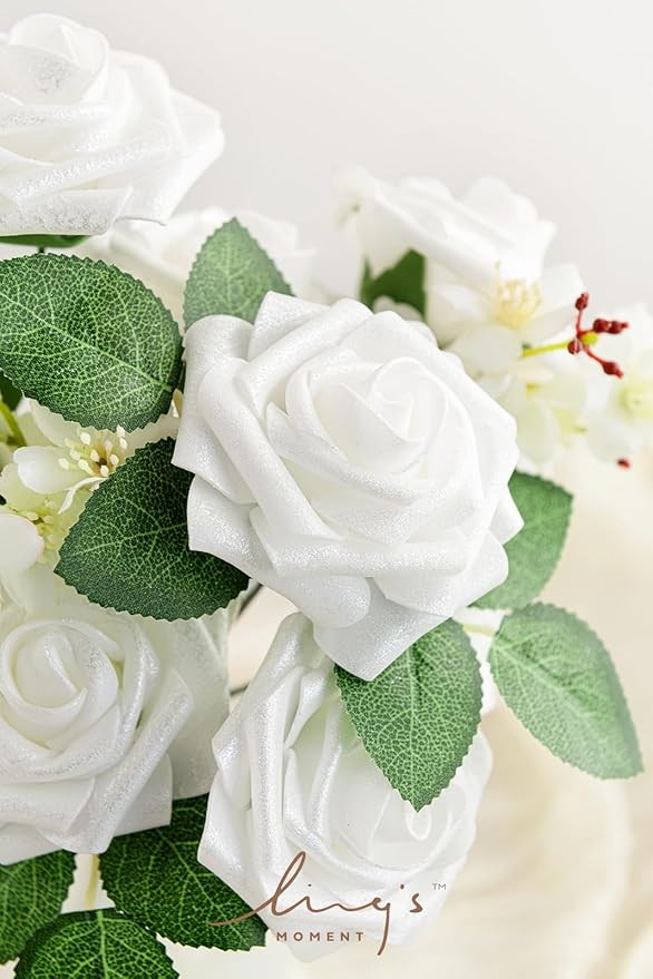 Ling’s Moment Artificial Flowers 25Pcs Glowing White Roses Decor w/Stems,3" Real Touch DIY Foam Floral for Wedding Bouquet/Centerpieces, Outdoors Party Backdrop, Room/Table, and Garden/Pot Decorations