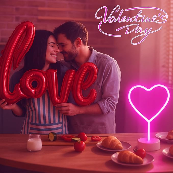 BHCLIGHT Pink Heart Neon Sign, Valentines Day LED Neon Light Battery Operated or USB Powered Valentines Pink Heart Lights, Table Lamp for Galentines Day Decorations, Wedding, Gifts for Women, Lover.