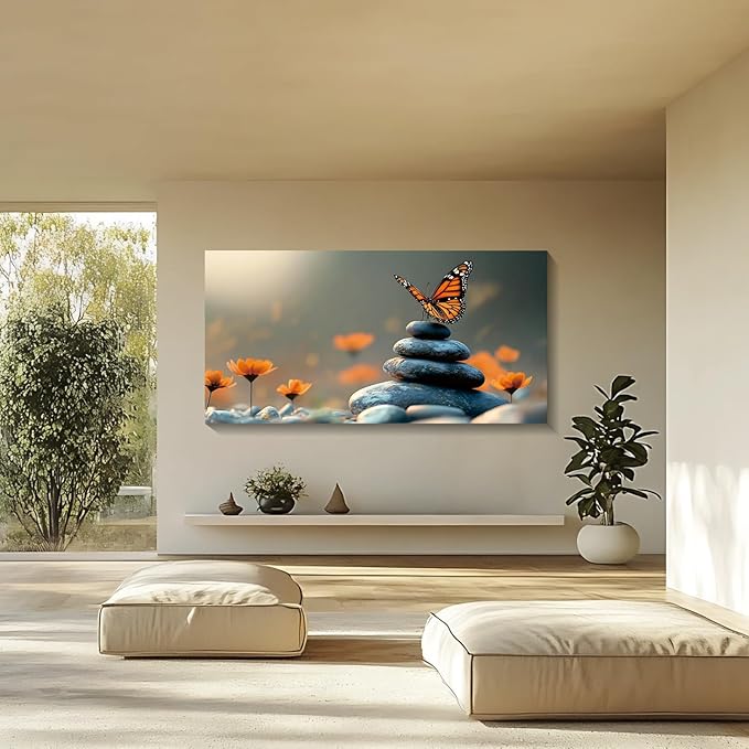 Iallbin Zen Stone Wall Art & Zen Wall Decor, Dark Smooth Rounded Stones Small Star-Shaped Golden-Yellow Flowers-for Yoga Meditation Room, Spa & Bathroom, Orange Monarch butterfly Art Deco Style, 58x29 Inches