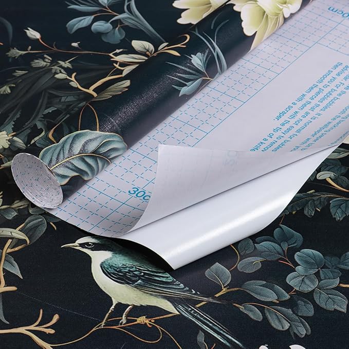 Dark Floral Peel and Stick Wallpaper Vintage Floral Contact Paper 16.9inchx118.1inch Flowers Bird Wallpaper Peel and Stick Boho Leaf Self Adhesive Removable for Bathroom Wall Paper Decor