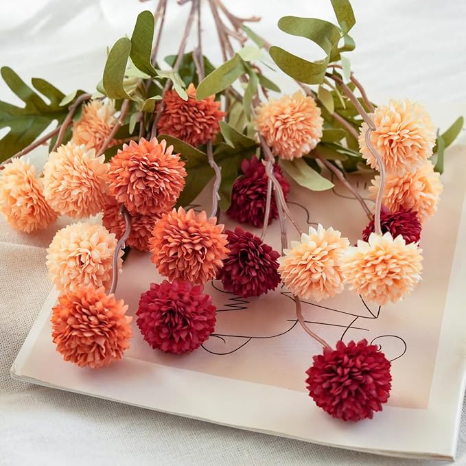9 pcs Fall Flowers Artificial Pompon Mum - Fake Kiku Flowers Silk Small Mini Chrysanthemum Ball Faux Mum Decor for Autumn Filler DIY Bouquet Centerpieces Arrangements Shower(Multicolor-Fall-9Pcs)