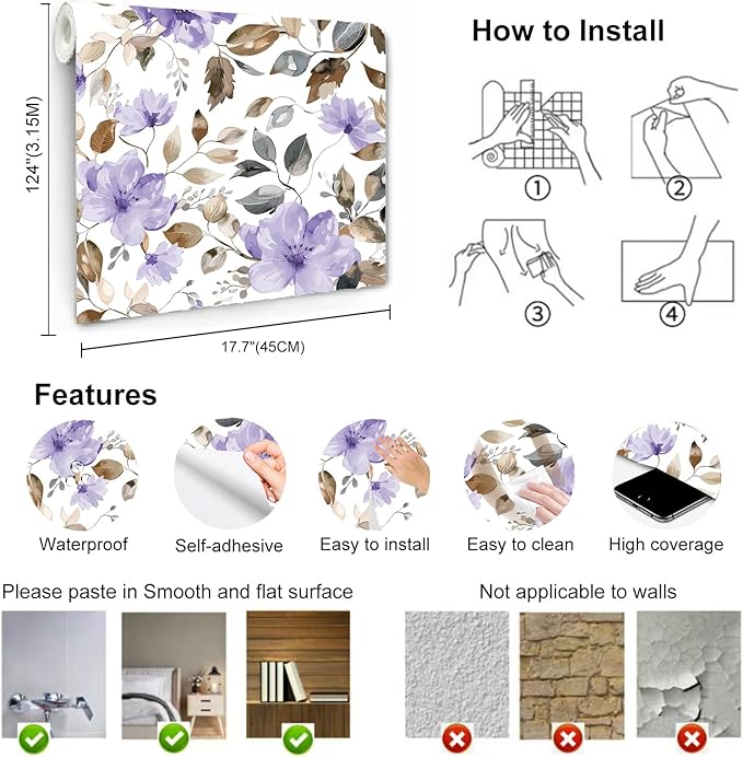 Purple Floral Peel and Stick Wallpaper Modern Contact Paper Waterproof Removable Self Adhesive Botanical Flower Wall Paper for Bathroom Bedroom Cabinets Vinyl Wallpaper 17.7" X 124"