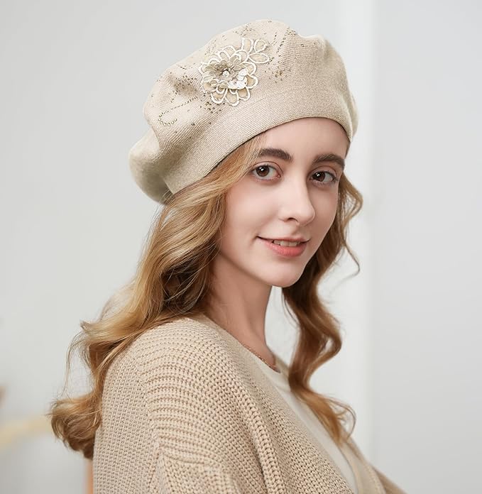 Flower Embroidery Beret Hat for Women, French Style Knitted Beret Hats, Stylish Solid Color Beret Cap for Women Girls Lady