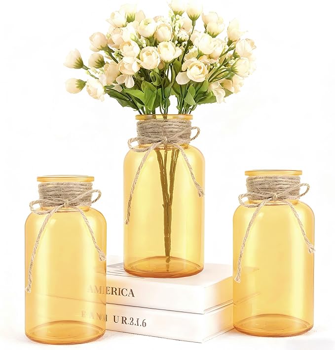 Vintage Glass Flower Vase，3 Pack Farmhouse Gold Glass Centerpiece Vases Mason Jars for Weddings, Parties & Home Decor Bulk (3, Gold)