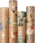 Ribbli 4 Rolls Christmas Wrapping Paper Vintage Kraft Wrapping Paper, 30 x 120 inch(10ft) Per Roll, 100 Sq Ft Total, Brown Kraft Paper with Winter Elements Pattern Snowflake/Tree/Reindeer/Bird