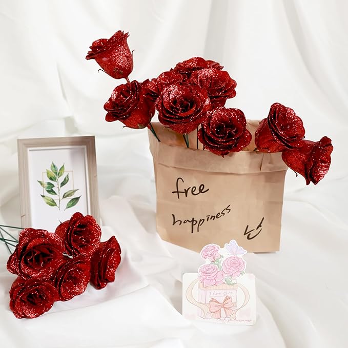 Glitter Roses Bouquet, Shiny Artificial Roses Flowers with Stems DIY Fake Glitter Flowers Bouquet for Anniversary Graduation Birthday Wedding, 24 Roses (Red)