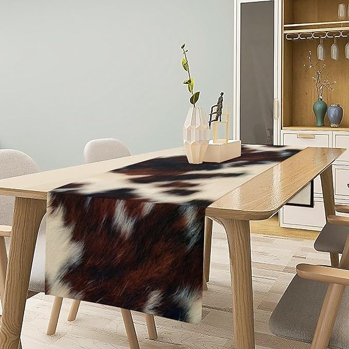 Cow Skin Print Table Runner, Vintage Cottage Country Animal Fur Skin Pattern Western Style Farmhouse Black Brown Cowhide Print Dinner Runner Home Kitchen Dining Table 13x36in