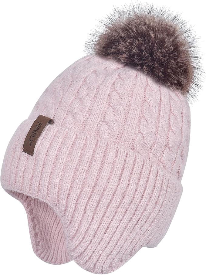 FENELY Women's Knitted Warm Beanie Winter Hat, Warm Chunky Snow Hat with Pompom