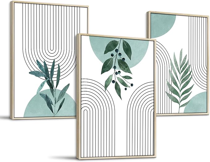 SERIMINO Sage Green Wall Art Framed, Botanical Boho Wall Decor for Living Room, Set of 3 Plant Painting Prints Farmhouse Decor for Bedroom, Bathroom, Office, 12 x16 inch