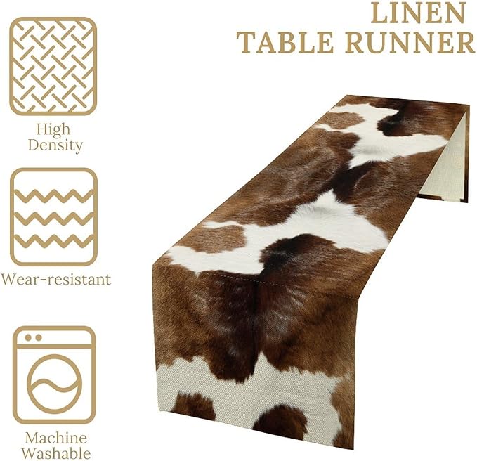 Cow Skin Print Table Runner Farmhouse Western White Brown Cowhide Rustic Cottage Country Seasonal Spring Fall Kitchen Dining Table Decoration for Home Party Dinner 13x70cm