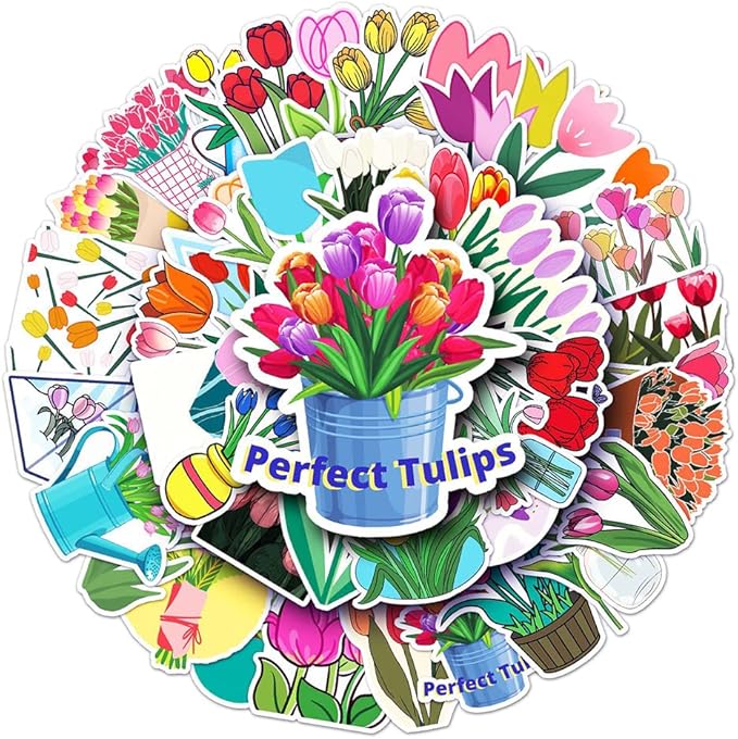 Tulips Vinyl Stickers for Teens Boy Girls Kids|50 Pcs|Trendy Cartoon Waterproof Stickers for Laptop Phone Tablet Luggage Flasks Water Bottle Notebook Scrapbook,Aesthetic Flowers Decals Pack(Tulips)