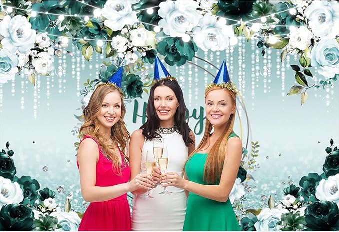 Renaiss 12x8ft Floral Happy Birthday Backdrop for Woman Fabric Green White Flowers Blooming Flower Photography Background Shinning Diamond Photo Backdrops for Birthday Party Supply