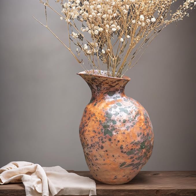 Rustic Ceramic Vase Vintage Farmhouse Style Decor, Frosted Texture Pottery for Home Decor, Modern Living Room, Office Desk Table Centerpiece (Grey and Green) 8IN