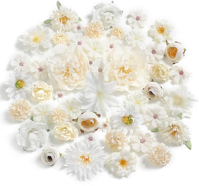 Artificial Flowers Heads Combo White Flowers Mix Silk Flowers Heads Bulk Faux Rose for Craft Garland Graduation Cap Wedding Bridal Baby Shower Home Party Decoration DIY Cake Decor