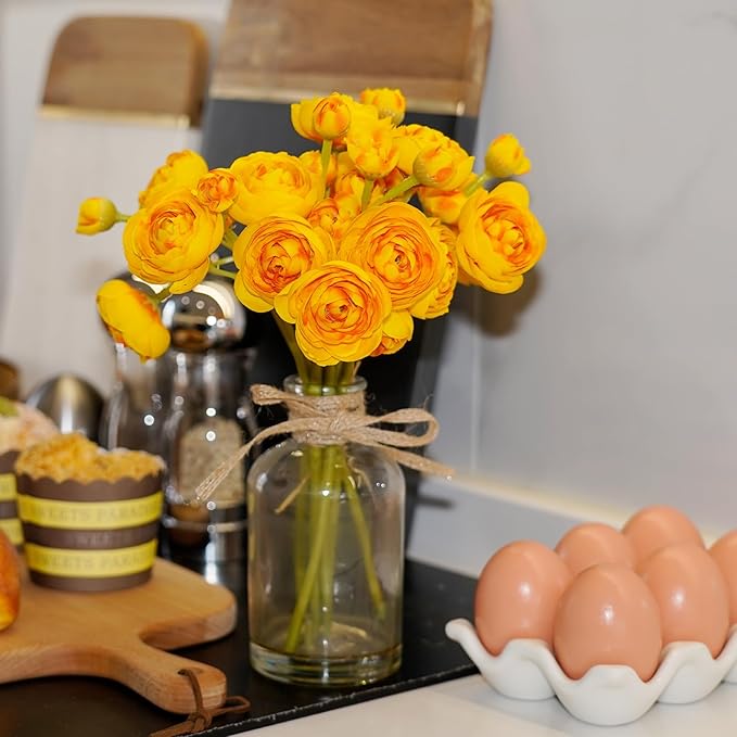 Ranunculus Artificial Flowers with Vase, 2 Pack - 8 Pcs Faux Silk Ranunculus Flower in Vase, Small Flowers Arrangements for Home Decor Indoor, Table Centerpiece. (Yellow)