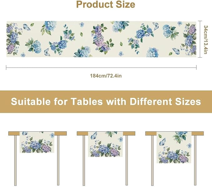 Blue Floral Table Runner, Spring Summer Watercolor Hydrangea Flower Butterfly Country Farmhouse Coffee Table Center Decor for Home Kitchen Dining Patio Holiday Party Table Decorations 13x108 inches