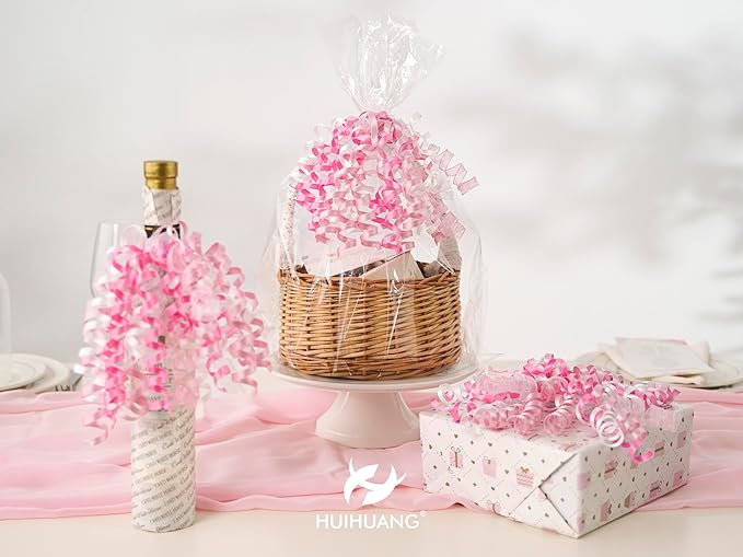 HUIHUANG Bows for Gift Wrapping Pink/White/Hot Pink Curly Bows with Self Adhesive & Twist Tie, 7 inch Pink Gift Bow for Presents, Gift Basket, Baby Shower, Christmas Decor, Party Favors- 6 Counts