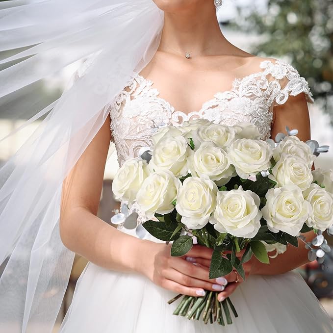 Nubry 24pcs Artificial Silk Roses Bulk,Fake Roses Flower with Stems Realistic Flowers for Wedding Centerpiece Home Party Decor(White)