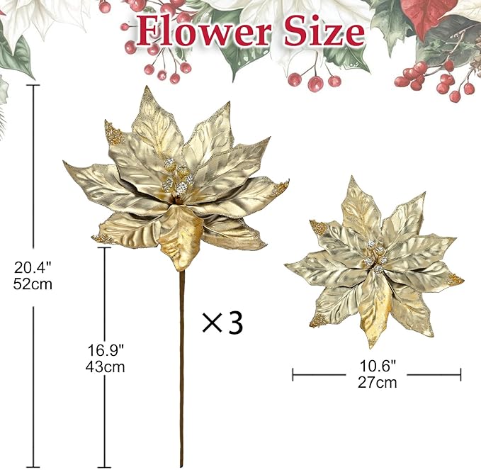 3 Pcs Artificial Christmas Flowers 11 Inch Glitter Poinsettia Picks Christmas Tree Ornaments Topper Decorations Champagne Poinsettias Flowers for Xmas New Year Wreath Garland Wedding Party Decor