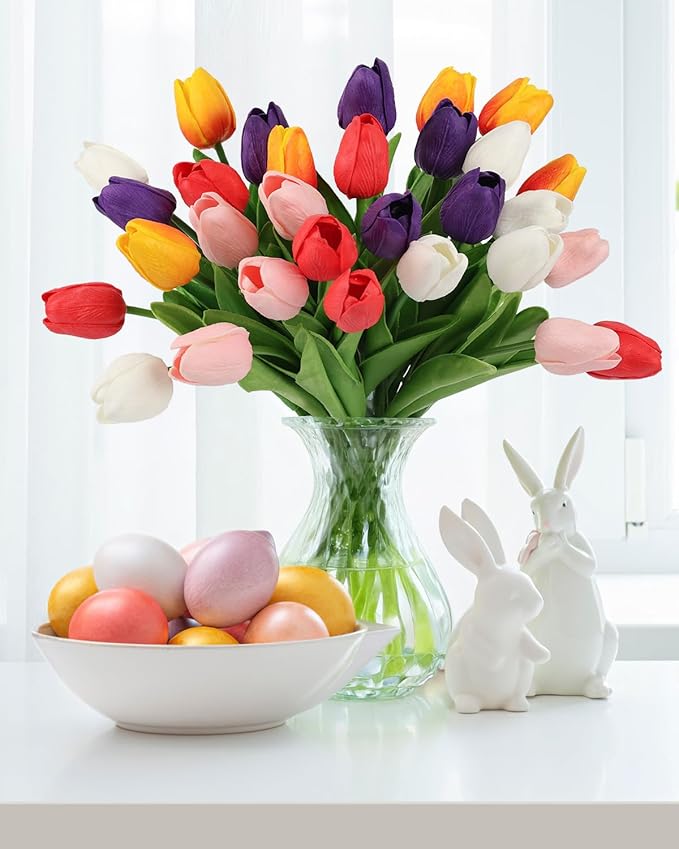 MACTING 30PCS Artificial Tulip Flowers 13.7" Fake Flowers Real Touch Faux PU Tulips Bouquet for Floral Arrangement Table Centerpieces Kitchen Home Kitchen Indoor Outdoor Summer Decor(Multi Colors-2)