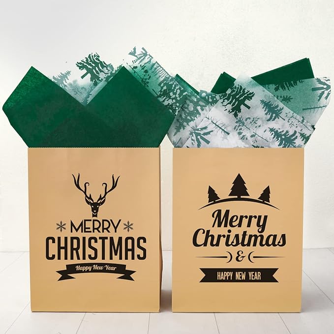 Whaline 100 Sheets Christmas Tree Tissue Paper Dark Green Folded Flat Woodland Tree Wrapping Paper Green Gift Wrapping Tissue Papers Rustic Art Crafts for Home DIY Gift Box Xmas Winter Decoration