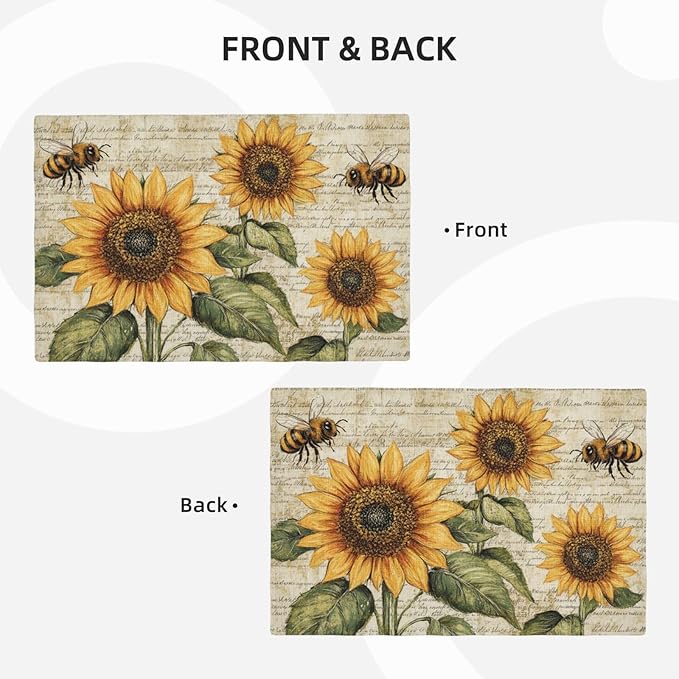 Vintage Sunflower Bee Placemats Set of 6 Washable Table Mats Rustic Spring Summer Floral Heat-Resistant Cotton Linen Place Mats for Dining Table Kitchen Indoor Outdoor Party Holiday Decor