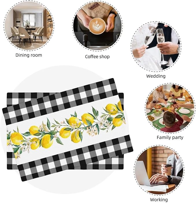 Lemon Linen Placemats Set of 6 Black White Buffalo Plaid Placemats for Indoor Outdoor Party Home Desktop Kitchen Dining Room Decor 12x18 Inch
