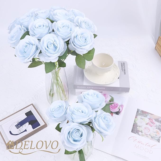 52pcs Light Blue Roses Artificial Flowers Fake Flowers Silk Roses with Stems for DIY Wedding Bouquets Bridal Shower Centerpieces Arrangements Party Decorations