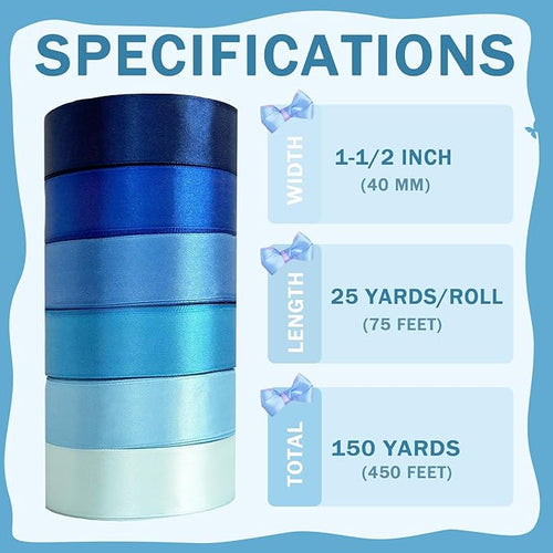 150 Yards Blue Satin Ribbon 1-1/2 Inch 6 Rolls Assortment Ribbons for Crafts Gift Wrapping Flower Bouquet Wedding Invitations Birthday Party Festival Decoration Hair Bows
