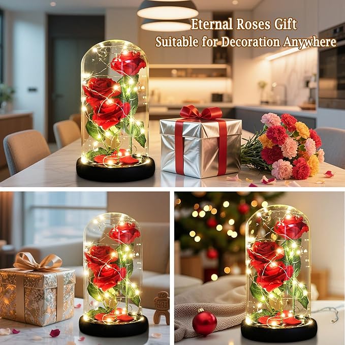 Christmas Flower Gifts for Women,Beauty and The Beast Rose in Glass Dome with 2 Light Modes,Eternal Rose Romantic Xmas Gift for Her,Xmas Birthday Gifts for Women Mom Wife Girlfriend,Silk Red Rose