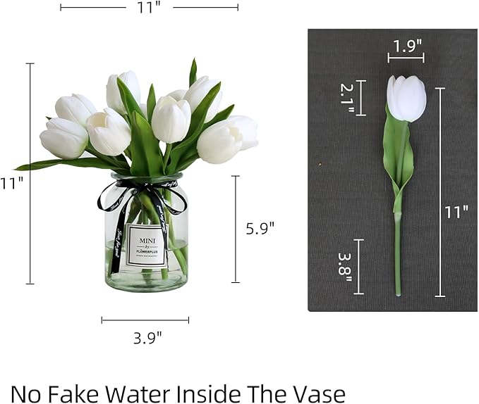 10pcs Fake Faux Tulips in Vase,Silk White Tulipanes Tulips Artificial Flowers Real Touch Arrangements with Vase for Desk Table Decoration Home Decor