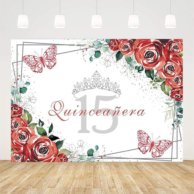 SENDY 10x7ft Quinceañera Backdrop Mis Quince 15 Anos Birthday Party Decoration Supplies for Girl Princess Red Floral Flower Butterfly Silver Crown Photography Background Banner Photo Booth Studio Prop