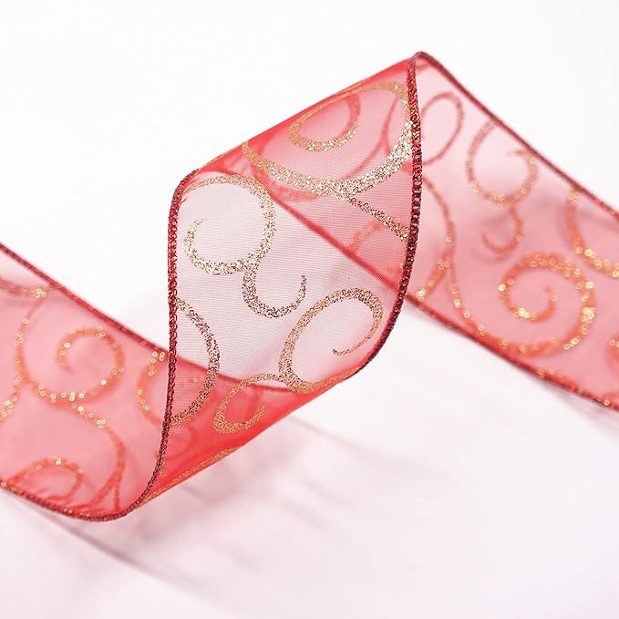 CT CRAFT LLC Organza with Red Glitter Swirls Wired Ribbon 2.5 inch x 50 Yards for Christmas Home Decor Tree Topper Bow Gift Wrapping DIY Crafts Wreath Garland Wedding