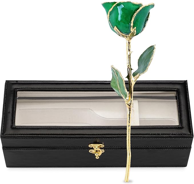 Forever Rose Hand-Dipped in 24K Gold, Emerald-Inspired May Birthstone with Sparkles, Real Rose in Leather Case with LED Light – Perfect Ready to Gift for May Birthday or Any Occasion