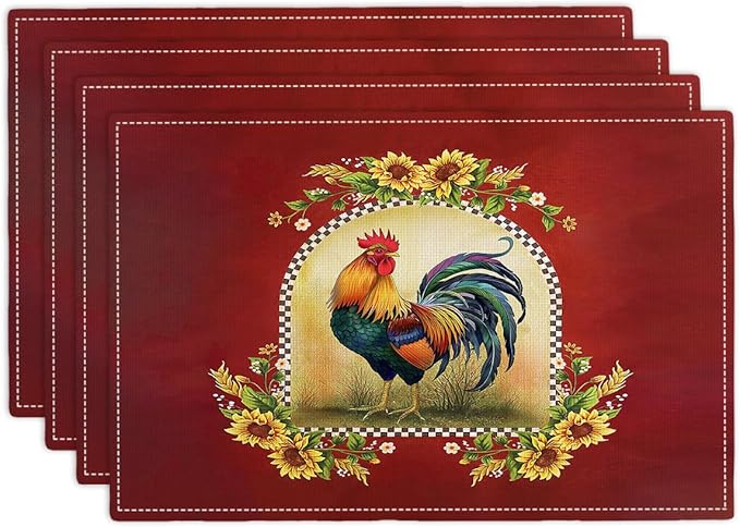Rooster Sunflower Placemats Set of 4, Farmhouse Country Farm Chicken Animal Red Double-Sided Table Mats for Kitchen Dining Room Home Party Indoor Decor 4 PCS 12x18 Inch