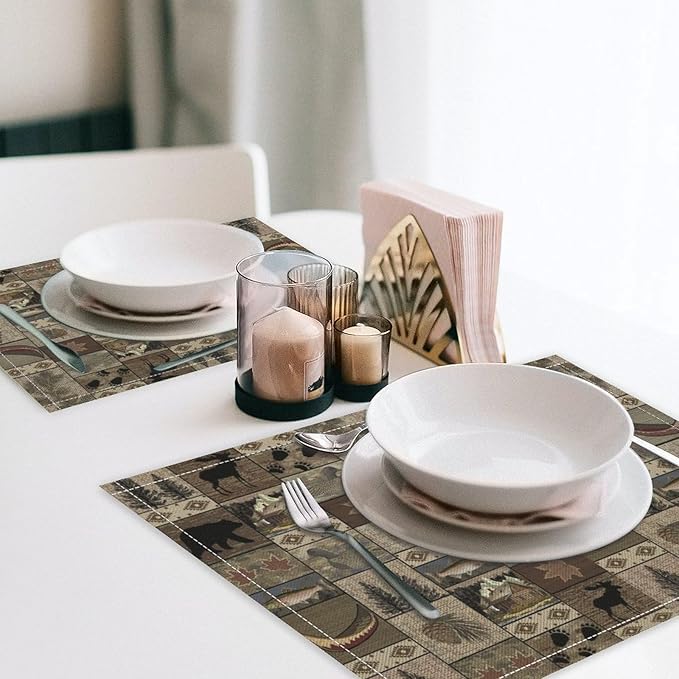 Retro Rustic Bears Deers Lodge Placemats Set of 6, Vintage Cabin Country Farmhouse Style Place Mats, Heat Resistant Non Slip Cotton Linen Dining Table Mats for Home Kitchen Party 18x12 Inch