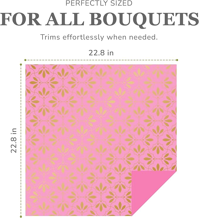 the florist Supply 20 Sheets Premium Flower Wrapping Paper | Waterproof Flower Wrapping Paper for Bouquets | Double Sided Floral Bouquet Sheets | DIY Gifts Isabella Light Pink/Gold