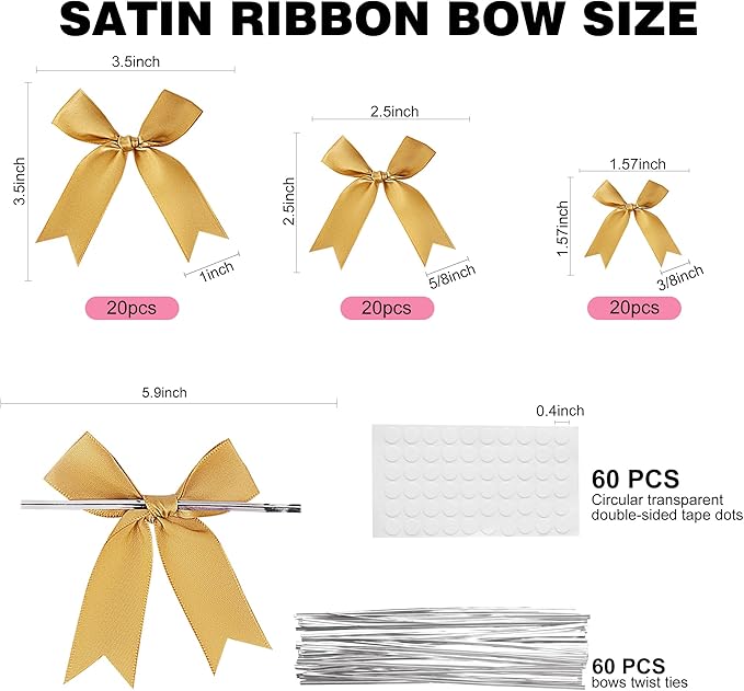 Oubest Gold Bows for Gift Wrapping, 60 PCS 1.57", 2.5" & 3.5" Satin Ribbon Gift Wrap Bows with Twist Tie for Christmas,Birthdays,Baby Shower,Weddings,Crafts,Holiday Presents,Party Decorations, Gold