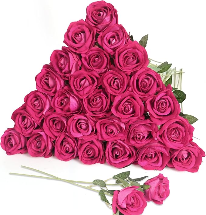 30pcs Silk Roses Artificial Flowers Hot Pink Fake Rose with Long Stem for Arrangement Wedding Party Home Decoration